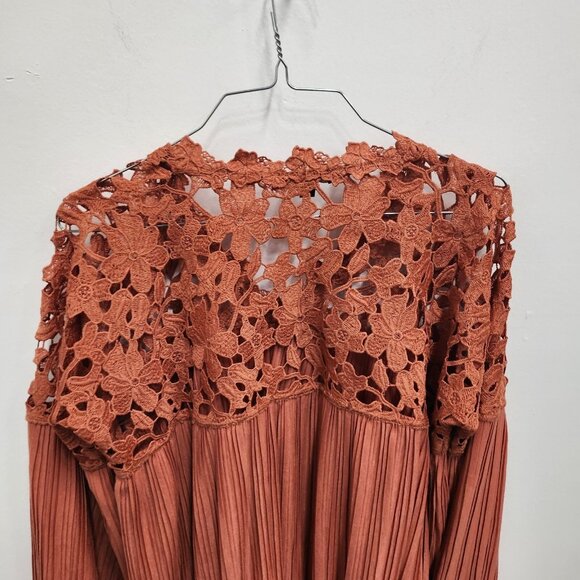 Express Womens BOHO Blouse Top Small Orange Crochet Long Sleeve Festival - Picture 9 of 10